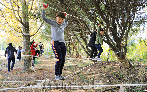 ▲ 마산초등학교 용전분교 학생들이 밧줄을 활용해 만든 놀이터에서 친구들과 어울려 놀고 있다.