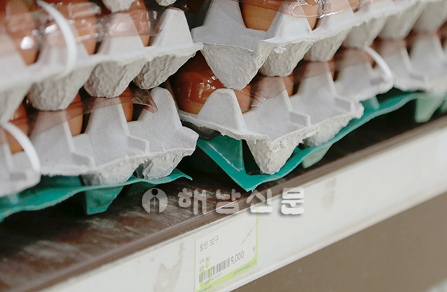 ▲ 고병원성 조류인플루엔자의 영향으로 해남농협 하나로마트의 계란 한판 가격이 9000원까지 올랐다.