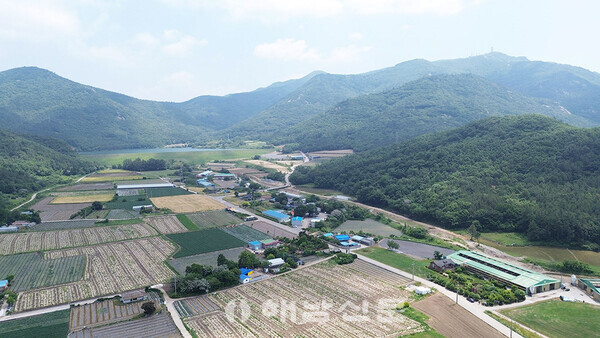 ▲드론으로 바라본 현산면 봉동마을 전경. 3면이 산으로 둘러싸여 있다.