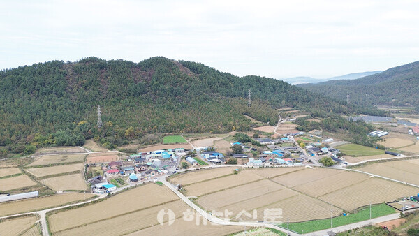▲드론으로 바라본 해남읍 온인마을 전경.